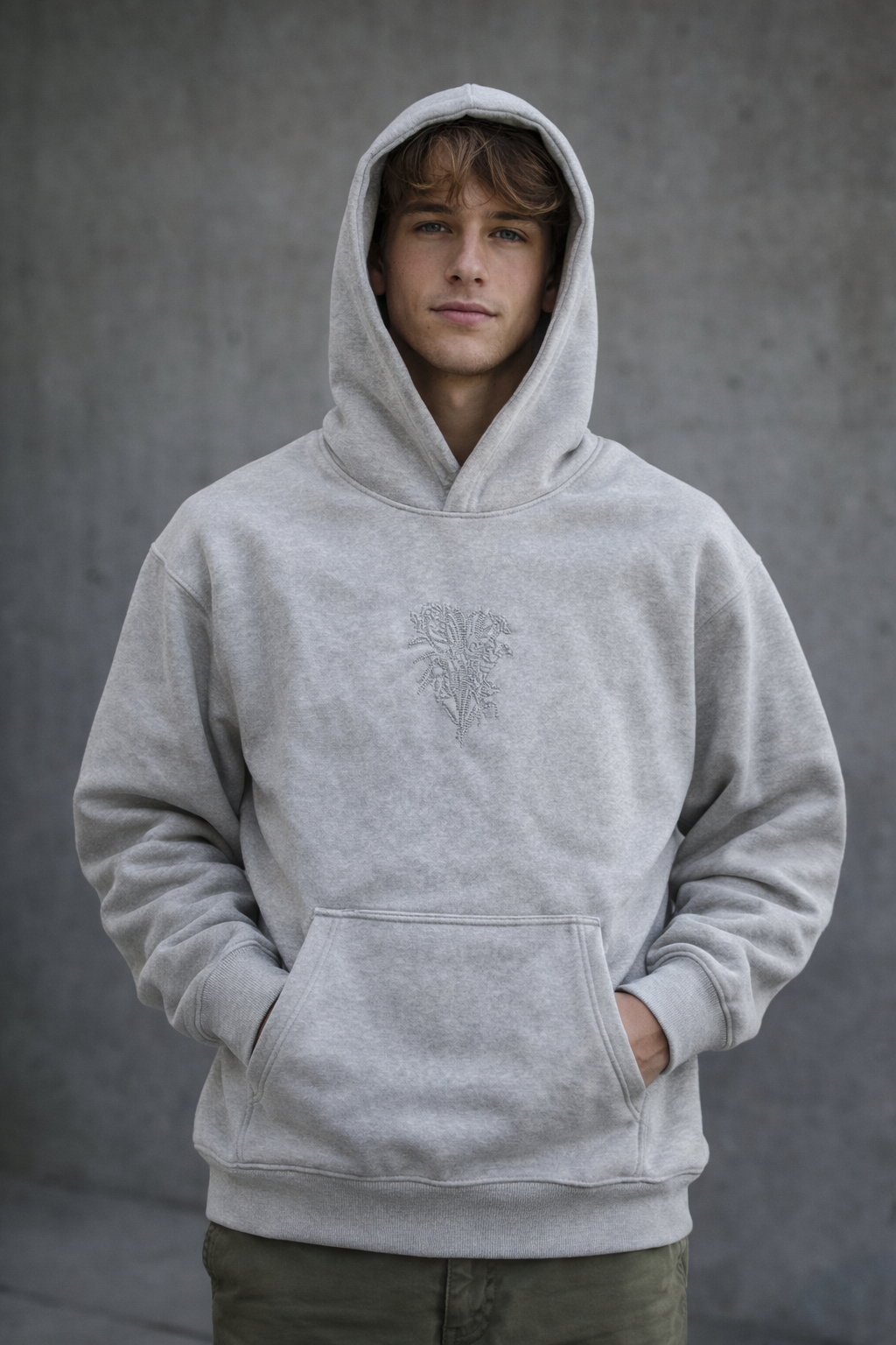 Sweat à capuche oversize – Broderie florale (Gris)