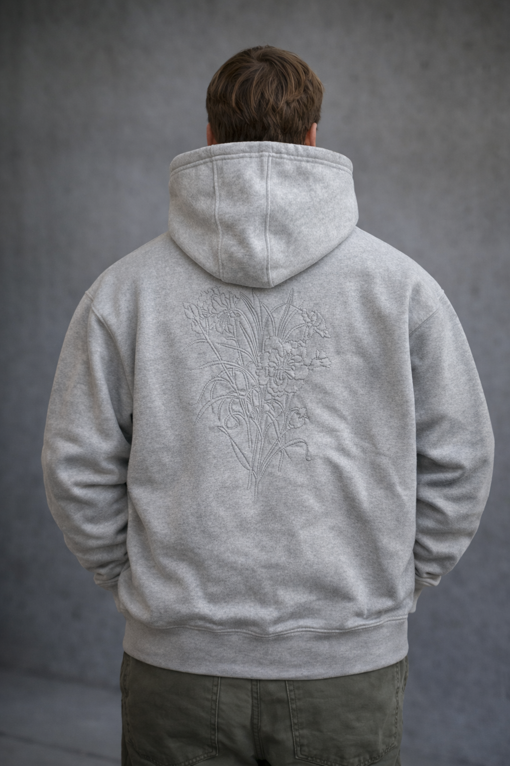 Sweat à capuche oversize – Broderie florale (Gris)