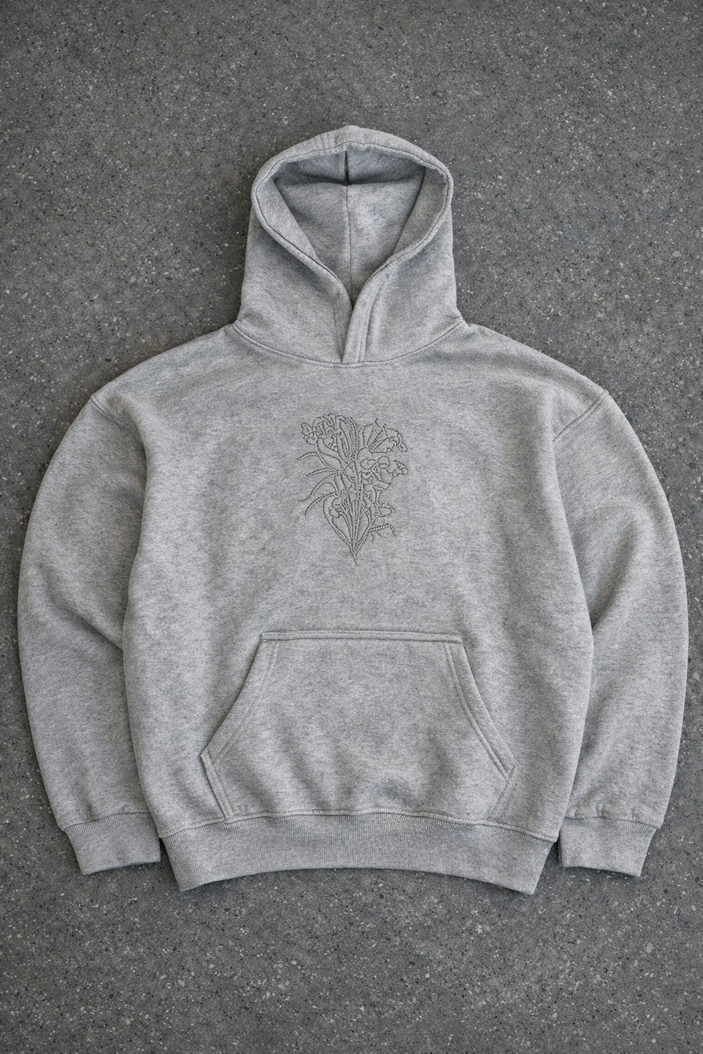 Sweat à capuche oversize – Broderie florale (Gris)