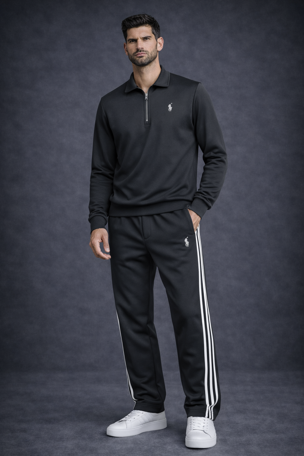 Ensemble Survêtement Homme Gris Anthracite – Style Polo – Bandes Blanches + Zip Col