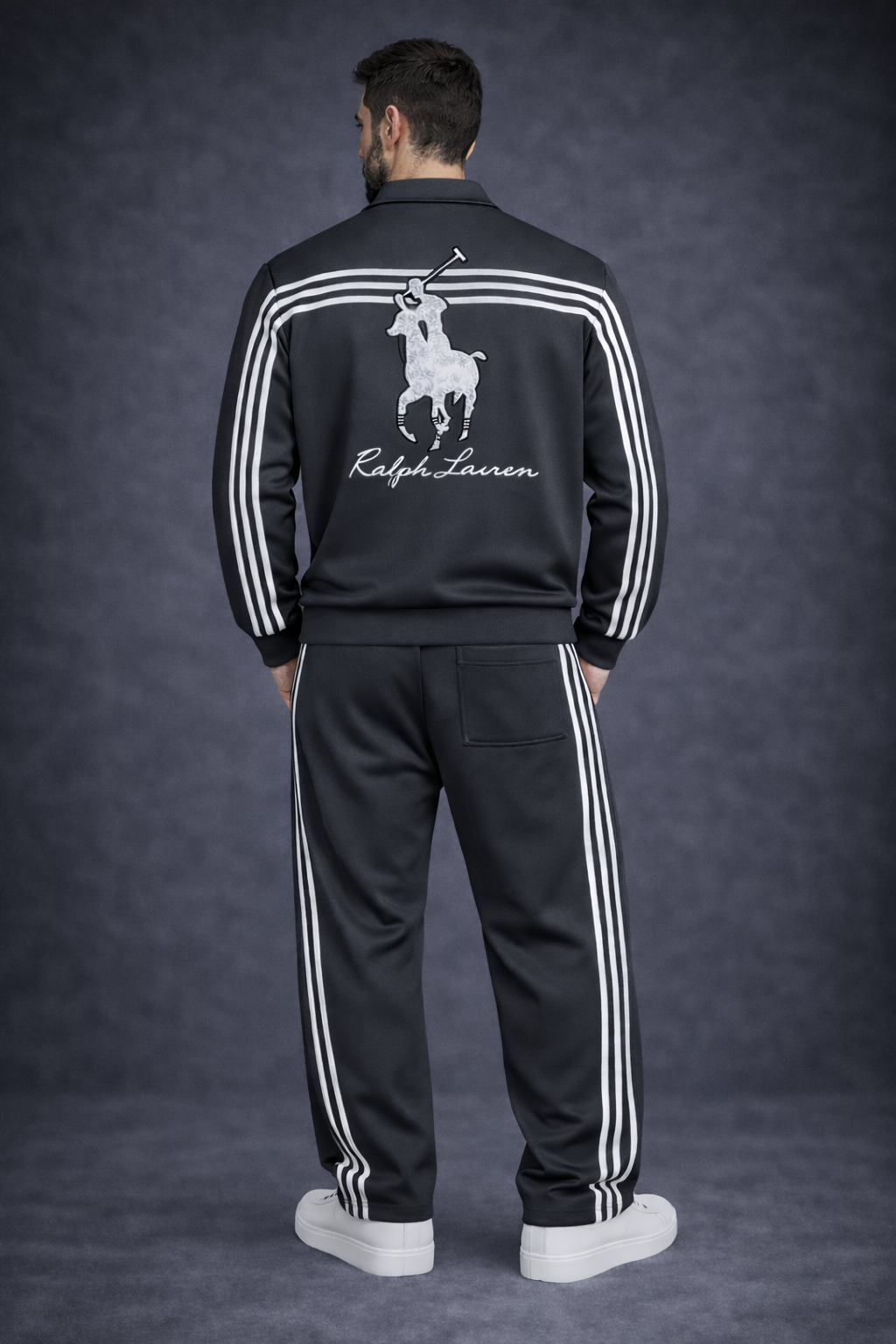 Ensemble Survêtement Homme Gris Anthracite – Style Polo – Bandes Blanches + Zip Col