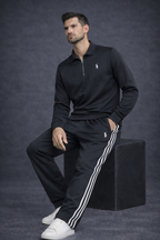 Ensemble Survêtement Homme Gris Anthracite – Style Polo – Bandes Blanches + Zip Col