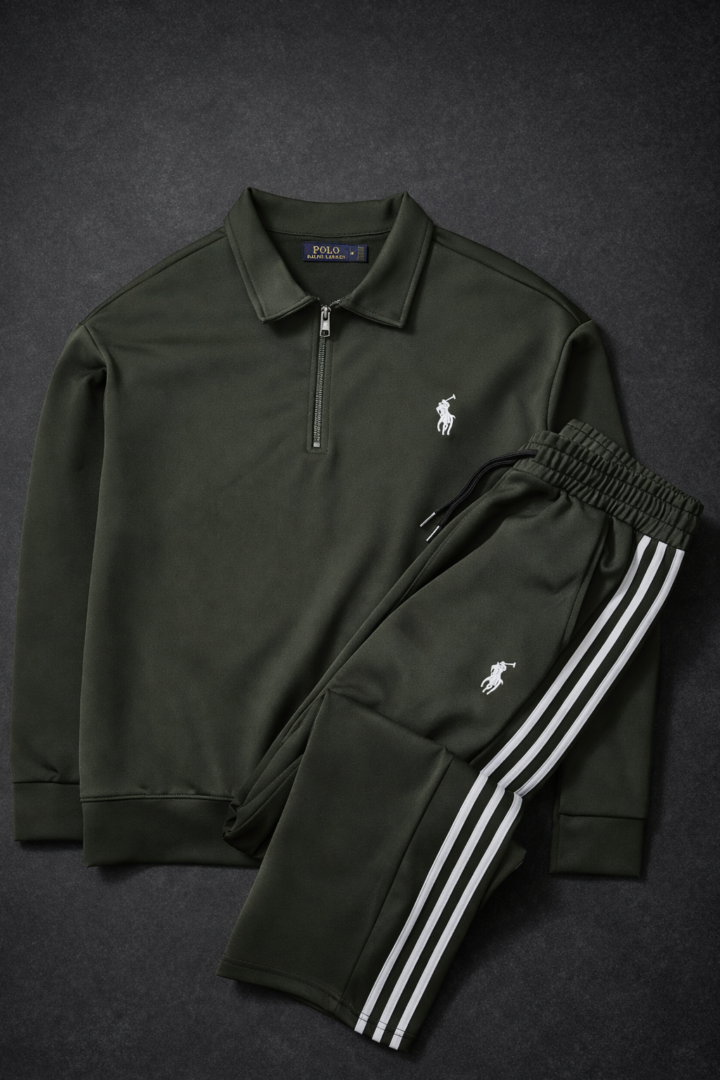 Ensemble Survêtement Homme Green – Style Polo – Bandes Blanches + Zip Col