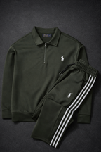 Ensemble Survêtement Homme Green – Style Polo – Bandes Blanches + Zip Col
