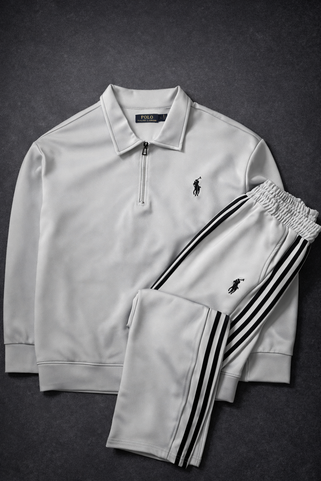 Ensemble Survêtement Homme Blanc cassé – Style Polo – Bandes noir + Zip Col