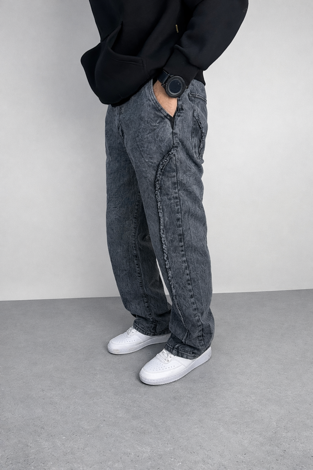 Jeans baggy pour homme – Coupe droite (Gris délavé)
