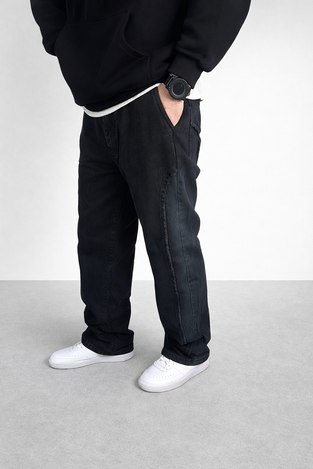 Jeans baggy pour homme – Coupe droite (noir délavé)