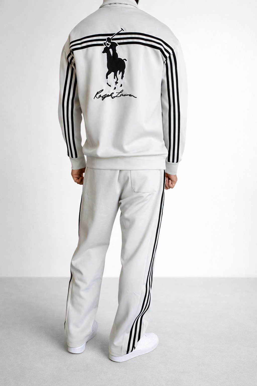Ensemble Survêtement Homme Blanc cassé – Style Polo – Bandes noir + Zip Col